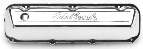 Edelbrock 4463 Valve Cover, Signature Series, Short, Baffled, Breather Hole, Grommets, Edelbrock Logo, Steel, Chrome, Big Block Ford, Pair