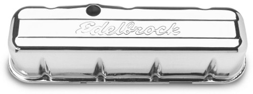 Edelbrock 4680 Valve Cover, Signature Series, Tall, Baffled, Breather Hole, Grommets, Edelbrock Logo, Steel, Chrome, Big Block Chevy, Pair