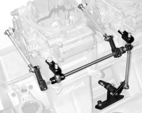 Edelbrock 7071 Throttle Linkage, Side Mount, Dual Quad, Steel, Zinc Oxide, Edelbrock Victor Ram 23 Degree Manifold, Small Block Chevy, Kit