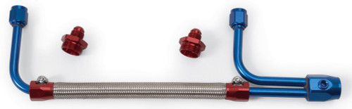 Edelbrock 8101 Carburetor Fuel Line, 3/8 in NPT Female Inlet, 7/8-20 in Dual Outlets, Stainless Hose, Blue / Silver, Adjustable, Holley Carbs, Kit