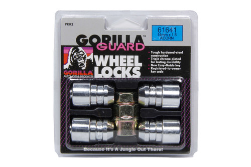 Gorilla 61641 Wheel Lock, Gorilla Guard, Acorn, 14 mm x 1.50 Thread, Spline Drive, Key Included, Steel, Chrome, Set of 4