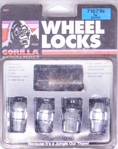 Gorilla 71671N Wheel Lock, Gorilla, Acorn, 7/16-20 in Thread, Spline Drive, 60 Degree Seat, Closed End, Key, Heat Treated, Steel, Chrome, Set of 4