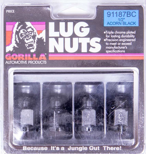 Gorilla 91187BC Lug Nut, Acorn Bulge, 1/2-20 in Right Hand Thread, 13/16 in Hex Head, 60 Degree Seat, Closed End, Steel, Black Chrome, Set of 4