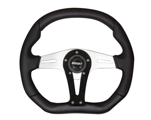 Grant 490 Steering Wheel, D-Series, 13-3/4 x 11-3/4 in Diameter, D-Shaped, 1-1/2 in Dish, 3-Spoke, Black Leather Grip, Aluminum, Polished, Each