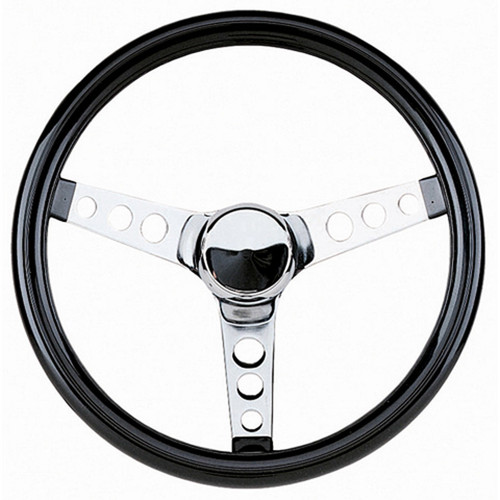 Grant 502 Steering Wheel, Classic, 13-1/2 in Diameter, 3-1/2 in Dish, 3-Spoke, Black Vinyl Grip, Steel, Chrome, Each