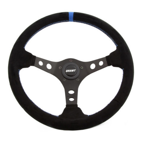 Grant 696 Steering Wheel, Suede Series, 13-3/4 in Diameter, 3-1/2 in Dish, 3-Spoke, Black Suede Grip, Blue Stripe, Aluminum, Black Anodized, Each