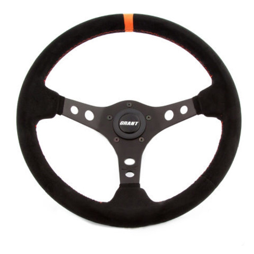 Grant 699 Steering Wheel, Suede Series, 13-3/4 in Diameter, 3-1/2 in Dish, 3-Spoke, Black Suede Grip, Orange Stripe, Aluminum, Black Anodized, Each