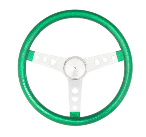 Grant 8442 Steering Wheel, Metal Flake, 13-1/2 in Diameter, 3-Spoke, Green Metal Flake Grip, Steel, Chrome, Each