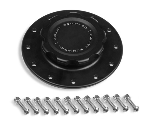 Holley 241-227 Fuel Cell Filler Cap Assembly, Screw-In, Raised Cell Mount, Hardware Included, 12-Bolt Flange, Aluminum, Black Anodized, Kit