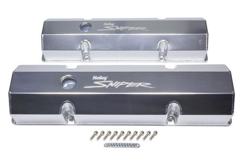 Holley 890010 Valve Cover, Sniper, Tall, Baffled, Breather Holes, Sniper Logo, Fabricated Aluminum, Natural, Small Block Chevy, Pair