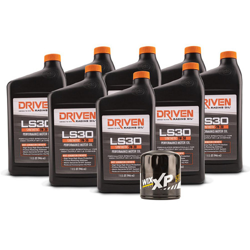 Driven Racing Oil 20834K Motor Oil, LS30, 5W30, Synthetic, Oil Filter Included, Eight 1 qt Bottles, GM LS-Series 2007-19, Kit