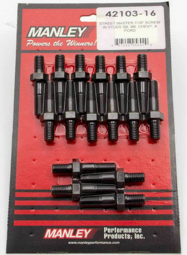 Manley 42103-16 Rocker Arm Stud, 7/16-14 in Base Thread, 7/16-20 in Top Thread, 1.760 in Effective Stud Length, Chromoly, Chevy / Ford V8, Set of 16
