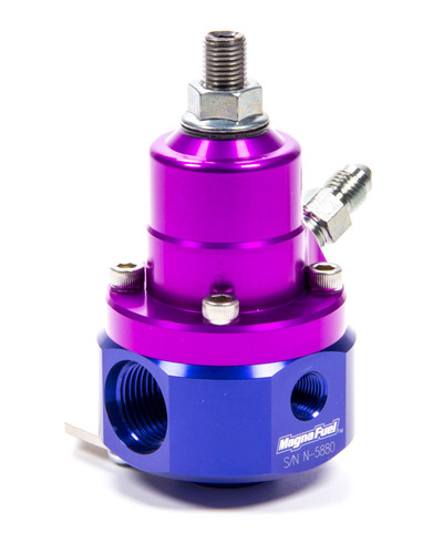 Magnafuel/Magnaflow Fuel Systems MP-9925-B Fuel Pressure Regulator, QuickStar EFI Boost, 35 to 85 psi, In-Line, 8 AN O-Ring Inlets, 6 AN O-Ring Outlet, 1/8 in NPT, Aluminum, Blue / Purple Anodized, E85 / Gas / Methanol, Each