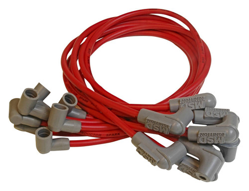 MSD Ignition 31659 Spark Plug Wire Set, Super Conductor, Spiral Core, 8.5 mm, Red, 90 Degree Plug Boots, Socket Style, Small Block Chevy, Kit