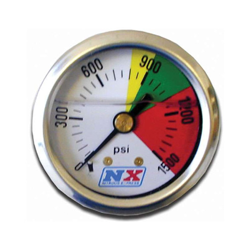 Nitrous Express 15508 Nitrous Pressure Gauge, 0-1500 psi, Mechanical, Analog, Liquid Filled, Full Sweep, 2-1/16 in Diameter, 1/8 in NPT Port, White Face, Each