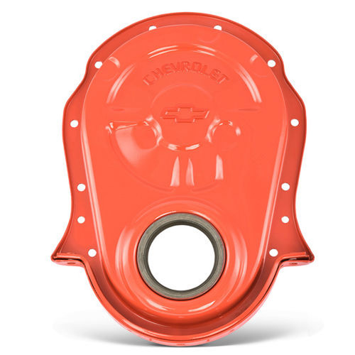 Proform 141-220 Timing Cover, 1-Piece, Chevrolet / Bowtie Logo, Oil Seal Included, Steel, Orange Paint, Big Block Chevy, Each