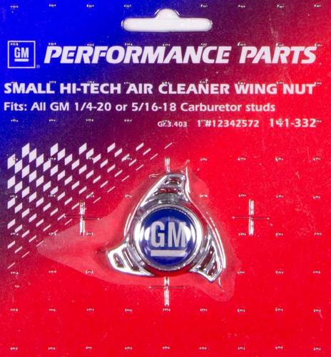 Proform 141-332 Air Cleaner Nut, Tri Star, 1/4-20 and 5/16-18 in Thread, Blue / White GM Logo, Aluminum, Chrome, Each