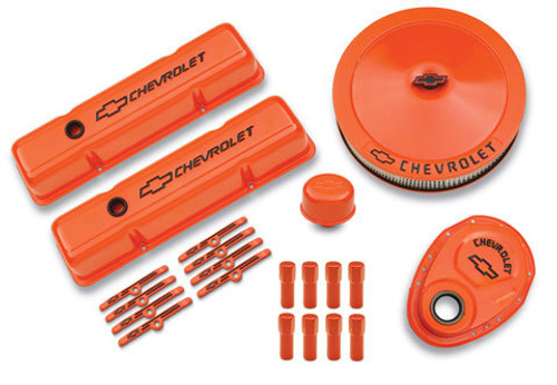 Proform 141-780 Engine Dress Up Kit, Air Cleaner / Tall Valve Covers / Breather / Hardware / Timing Cover, Chevy Logo, Steel, Orange Paint, Small Block Chevy, Kit