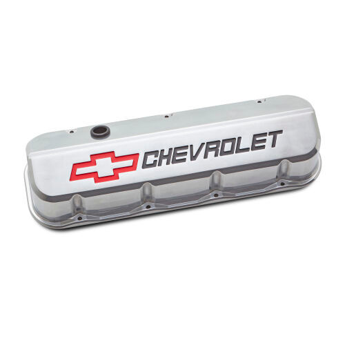 Proform 141-875 Valve Cover, Slant-Edge, Tall, Baffled, Breather Hole, Recessed Chevrolet Logo, Aluminum, Polished, Big Block Chevy, Pair