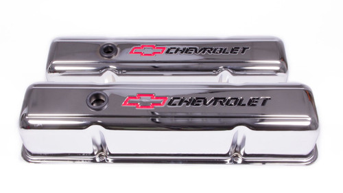 Proform 141-905 Valve Cover, Tall, Baffled, Breather Hole, Chevrolet Bowtie Logo, Steel, Chrome, Small Block Chevy, Pair