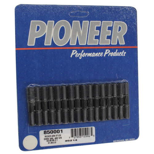 Pioneer 850001 Rocker Arm Stud, 7/16-14 in Base Thread, 3/8-24 in Top Thread, 1.470 in Effective Stud Length, Steel, Small Block Chevy, Set of 16