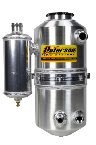 Peterson Fluid 08-0783-CC Oil Tank, Drag, Dry Sump, 6 qt, 16-5/8 in Tall, 7 in OD, 16 AN Male Inlet, 12 AN Male Outlet, Breather Tank, Heater Port, Aluminum, Natural, Each