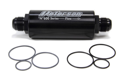 Peterson Fluid 09-0623 Fuel Filter, 600 Series, In-Line, 100 Micron, Stainless Element, 12 AN Male Inlet, 12 AN Male Outlet, Aluminum, Black Anodized, Each