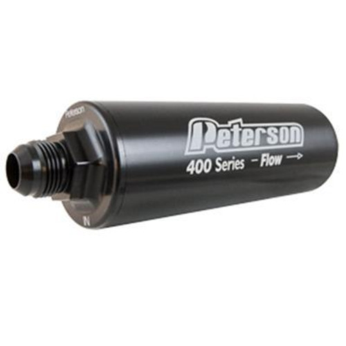 Peterson Fluid 09-1433 Oil Filter, 400 Series, In-Line, 100 Micron, Stainless Element Screen, 16 AN Male Inlet, 16 AN Male Outlet, Bypass, Aluminum, Black Anodized, Each