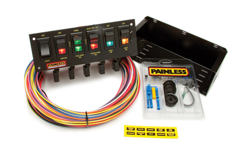 Painless Wiring 50305 Switch Panel, Bar Mount, 8-3/4 x 3 in, 1 Momentary Rocker / 3 Rockers / 2 3-Way Position Rockers, Circuit Breaker, Indicator Lights, Harness, Black, Kit