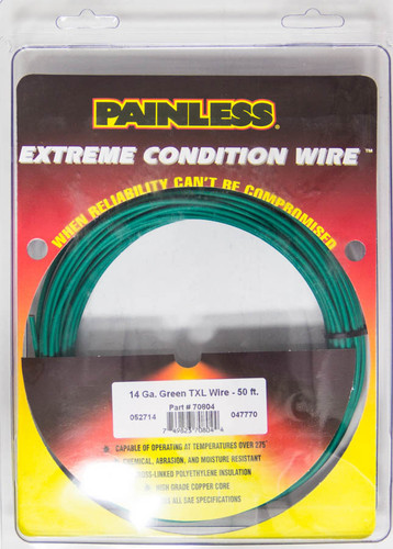 Painless Wiring 70804 Wire, TXL, 14 Gauge, 50 ft Roll, Plastic Insulation, Copper, Green, Each