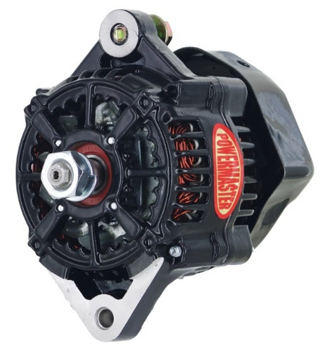 Powermaster 8163 Alternator, Denso Style Race, Denso 100 mm, 75 amp, 12V, 1-Wire, No Pulley, Aluminum Case, Black Powder Coat, Denso Style, Each