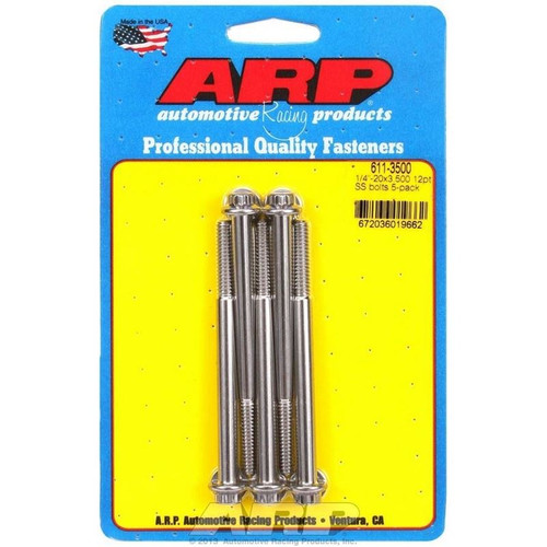 ARP 611-3500 Bolts, 1/4-20 in. 12-Point, Stainless Steel, Polished, RH Thread, Set of 5