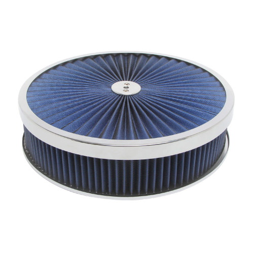 Racing Power Co-Packaged R2226 Air Cleaner Assembly, Super Flow, 14 in Diameter, 3 in Tall, 5-1/8 in Carb Flange, Flat Base, Blue Reusable Cotton, Steel, Chrome, Kit