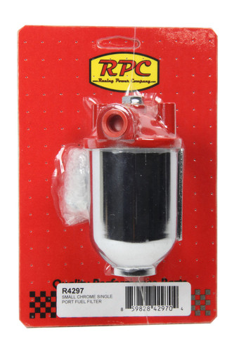 Racing Power Co-Packaged R4297 Fuel Filter, Canister, 10 Micron, Paper Element, 3/8 in NPT Inlet, 3/8 in NPT Outlet, Steel, Chrome / Red, Each