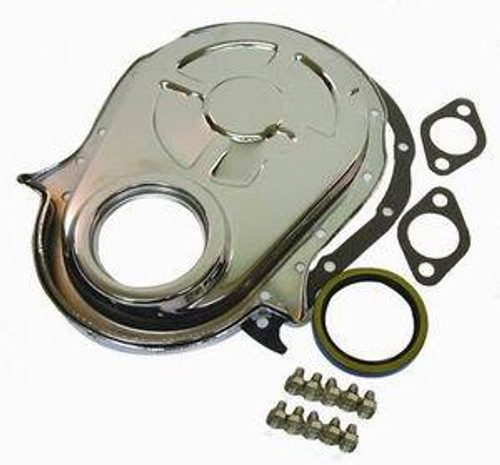 Racing Power Co-Packaged R4935 Timing Cover, 1-Piece, Gaskets / Hardware / Seal Included, Steel, Chrome, Big Block Chevy, Each