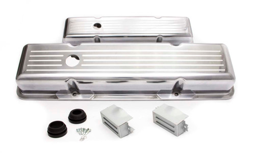 Racing Power Co-Packaged R6131 Valve Cover, Short, 2-9/16 in Height, Baffled, Breather Holes, Grommets Included, Ball Milled, Aluminum, Polished, Small Block Chevy, Pair