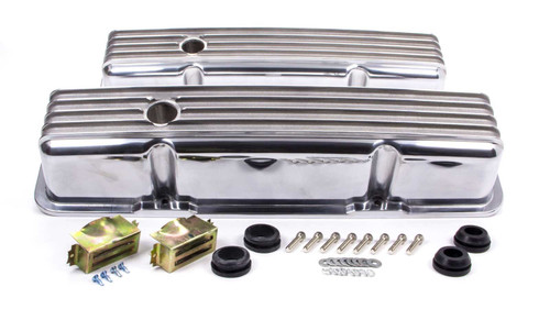 Racing Power Co-Packaged R6181 Valve Cover, Tall, 3-11/16 in Height, Baffled, Breather Holes, Hardware Included, Full Finned, Aluminum, Polished, Small Block Chevy, Pair