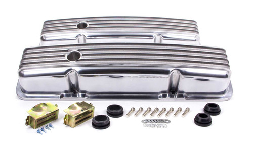 Racing Power Co-Packaged R6186 Valve Cover, Short, 2-9/16 in Height, Baffled, Breather Holes, Hardware Included, Full Finned, Aluminum, Polished, Small Block Chevy, Pair