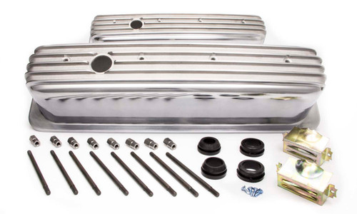 Racing Power Co-Packaged R6191 Valve Cover, Tall, 3-11/16 in Height, Baffled, Breather Holes, Hardware Included, Full Finned, Aluminum, Polished, Center Bolt, Small Block Chevy, Pair