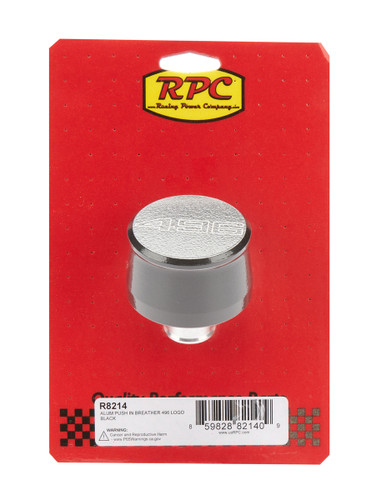 Racing Power Co-Packaged R8214 Breather, Push-In, Round, 1-1/4 in Hole, 496 Script Logo, Aluminum, Black Powder Coat, Each
