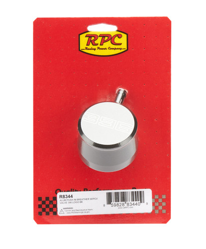 Racing Power Co-Packaged R8344 Breather, Push-In, Round, 1-1/4 in Hole, PCV Valve, 396 Script Logo, Aluminum, Black Powder Coat, Each