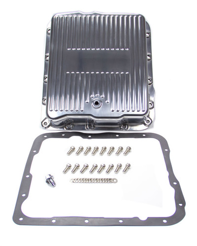 Racing Power Co-Packaged R8493 Transmission Pan, Stock Depth, Ribbed, Aluminum, Polished, 4L60E / 700R4, Each