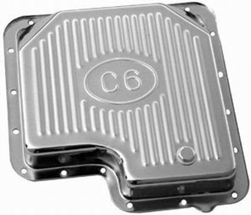 Racing Power Co-Packaged R9125 Transmission Pan, Stock Depth, Ribbed, Steel, Chrome, C6, Each