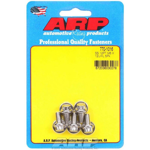 ARP 770-1016 Bolts, M6 x 1.0 12-Point, Stainless Steel, Polished, RH Thread, Set of 5