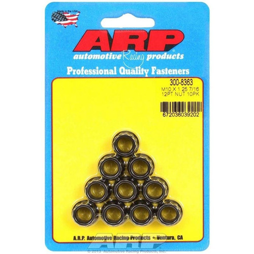ARP 300-8363 Nuts, M10 x 1.25 RH Thread, 12-Point, Steel, Black Oxide, Set of 10