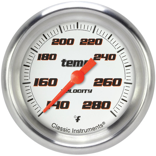 Classic Instruments VS326WAPF-12 Water Temperature Gauge, Velocity, 140-280 Degrees F, Electric, Analog, Full Sweep, 2-5/8 in Diameter, 12 mm x 1.5 in Thread Sender, Aluminum Bezel, Flat Lens, White Face, Each