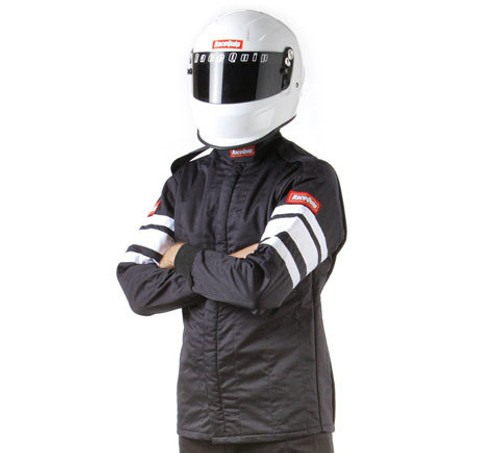 Racequip 121002RQP 120 Series Driving Jacket, SFI 3.2A/5, Multi Layer, Fire Retardant Cotton/Nomex, Black with White Stripes, Small, Each