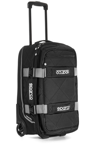 Sparco 016438NRSI Gear Bag, Travel, 22 in Long x 14 in Wide x 10 in Deep, Roller Wheels, Zipper Closure, Retractable Handle, Sparco Logo, Silver Straps, Polyester, Black, Each