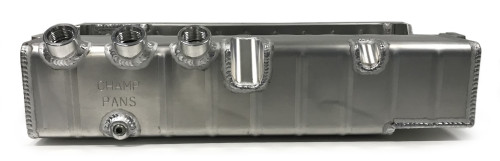 Champ Pans PRO172R3A Engine Oil Pan, Asphalt Late Model, Dry Sump, 4-1/4 in Deep, Three 12 AN Male Passenger Side Pickups, Aluminum, Natural, Small Block Chevy, Each