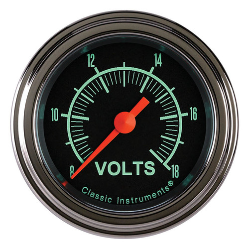 Classic Instruments GS130SLF Voltmeter, G/Stock, 8-18V, Electric, Analog, Full Sweep, 2-1/8 in Diameter, Low Step Stainless Bezel, Flat Lens, Black Face, Each